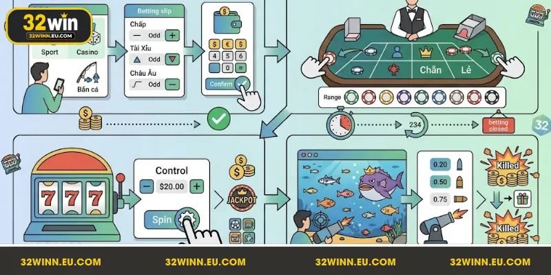 Cách đặt cược trên 32Win chi tiết tại các sảnh game nổi bật