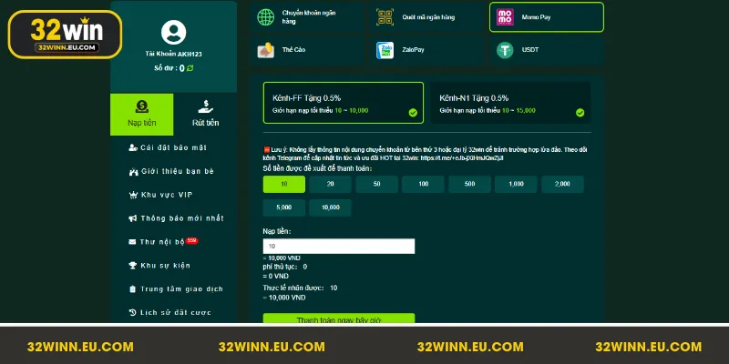 Cách nạp tiền 32Win nhanh chóng dành cho hội viên